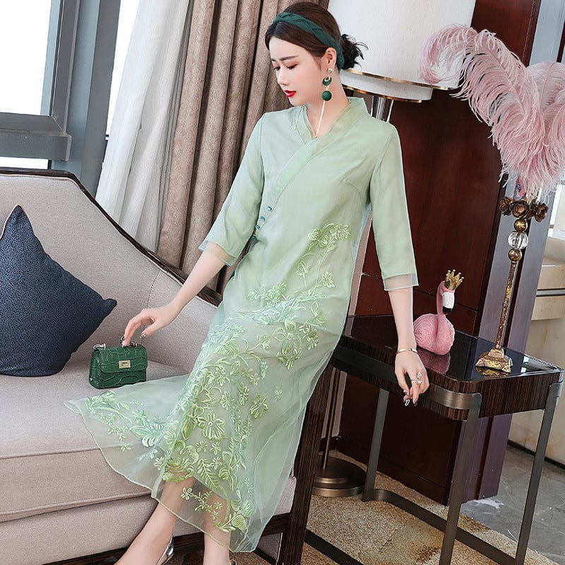 Beth and Brian Qipao-YFN Loose Fitting, floral embroidery, white&green long Cheongsam