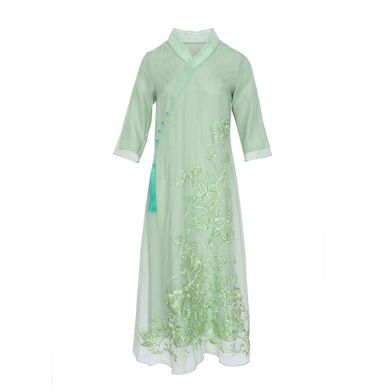 Beth and Brian Qipao-YFN Loose Fitting, floral embroidery, white&green long Cheongsam