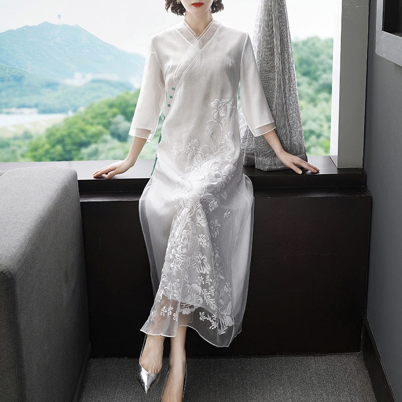 Beth and Brian Qipao-YFN Loose Fitting, floral embroidery, white&green long Cheongsam