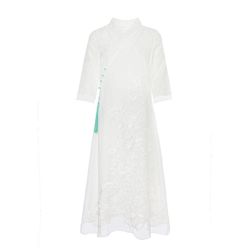Beth and Brian Qipao-YFN Loose Fitting, floral embroidery, white&green long Cheongsam