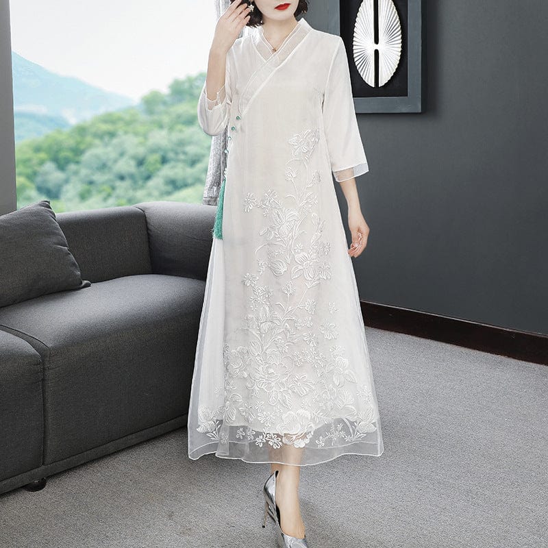 Beth and Brian Qipao-YFN Loose Fitting, floral embroidery, white&green long Cheongsam