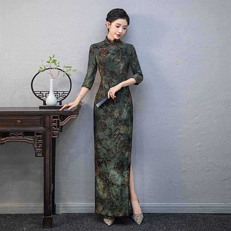 Beth and Brian Qipao-QCYJ Floral pattern, green plus size long Cheongsam