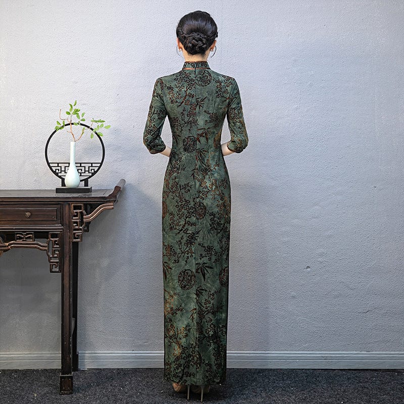 Beth and Brian Qipao-QCYJ Floral pattern, green plus size long Cheongsam
