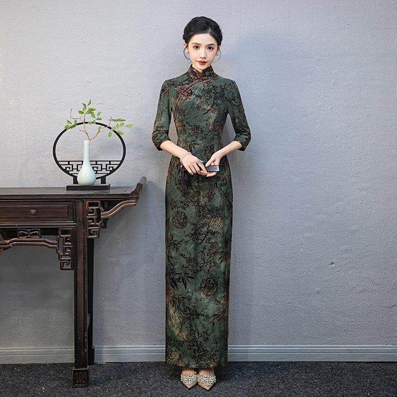 Beth and Brian Qipao-QCYJ Floral pattern, green plus size long Cheongsam