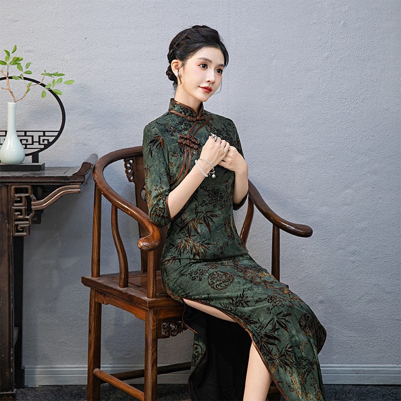 Beth and Brian Qipao-QCYJ Floral pattern, green plus size long Cheongsam