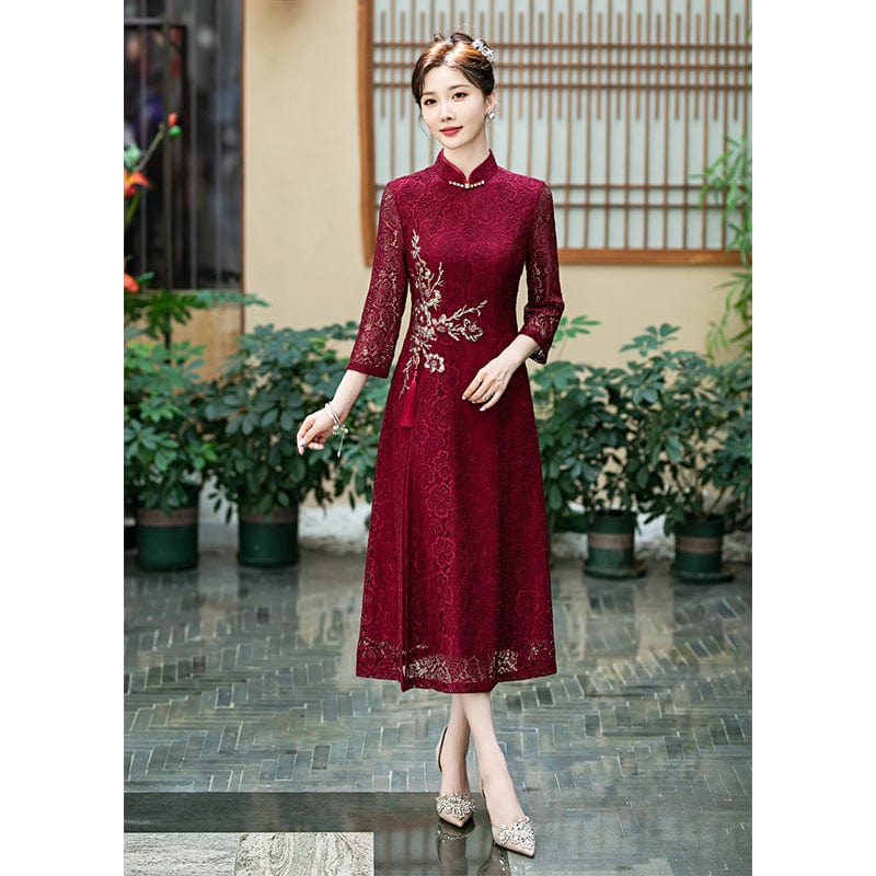 Lace Cheongsam, Chinese dress for mothers, wedding midi Cheongsam XXL / Wine red