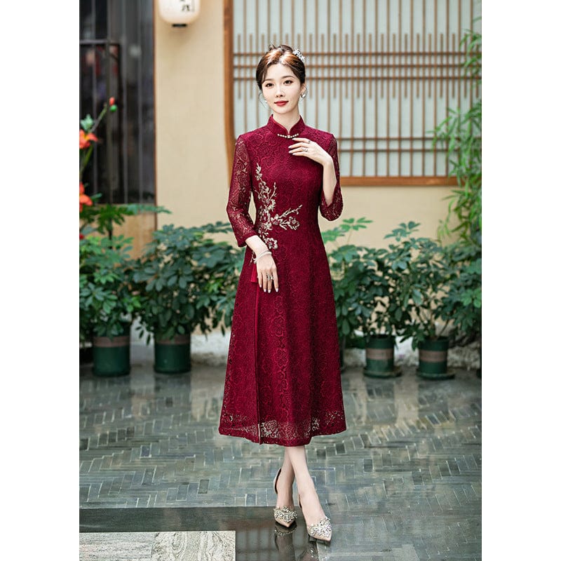 Lace Cheongsam, Chinese dress for mothers, wedding midi Cheongsam XXL / Wine red
