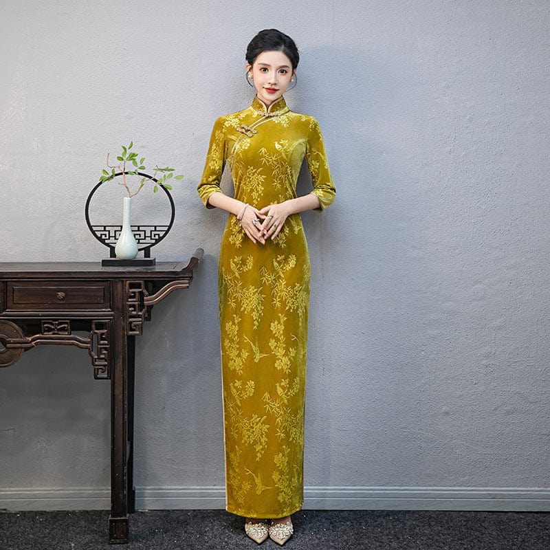 Beth and Brian Qipao-QCYJ Floral print, plus size, yellow long Cheongsam