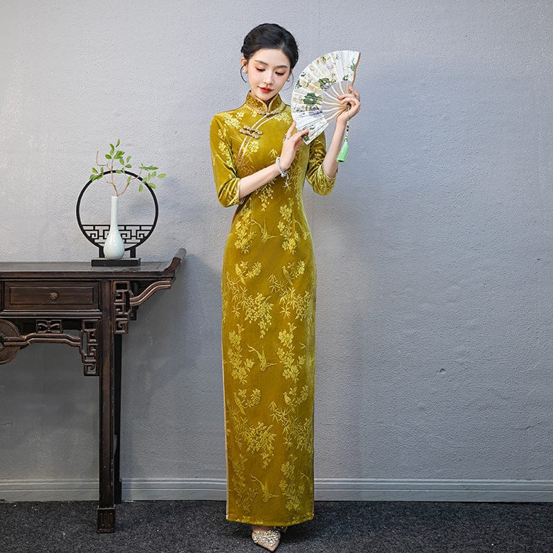Beth and Brian Qipao-QCYJ Floral print, plus size, yellow long Cheongsam