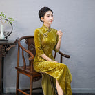 Beth and Brian Qipao-QCYJ Floral print, plus size, yellow long Cheongsam