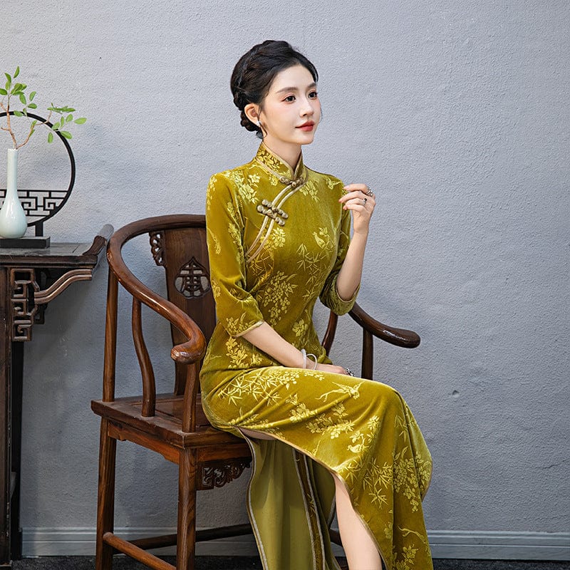 Beth and Brian Qipao-QCYJ Floral print, plus size, yellow long Cheongsam