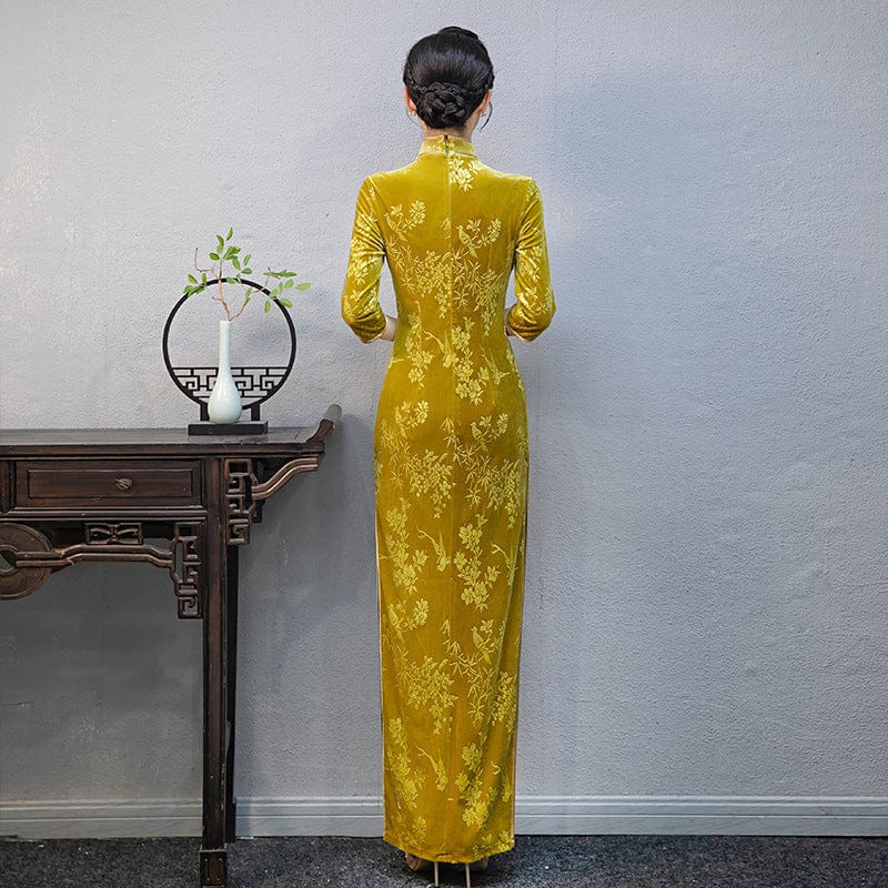 Beth and Brian Qipao-QCYJ Floral print, plus size, yellow long Cheongsam