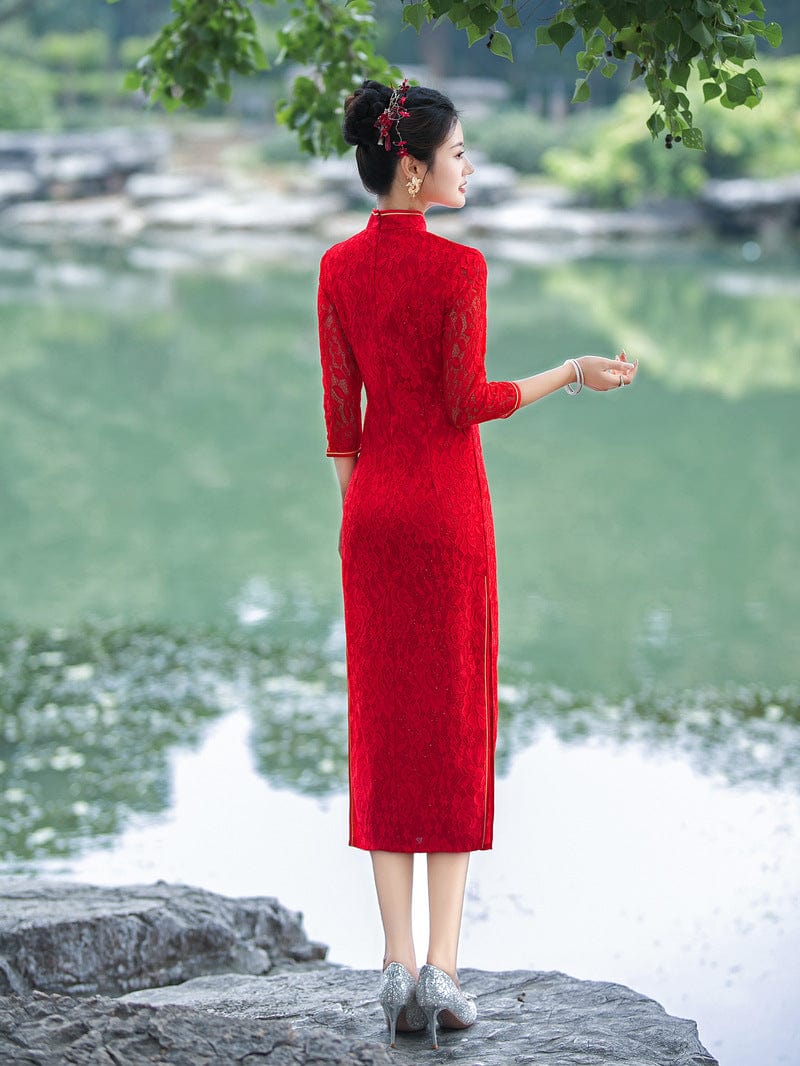 Beth and Brian Qipao-XWC Floral pattern, lace mid-length plus size Cheongsam