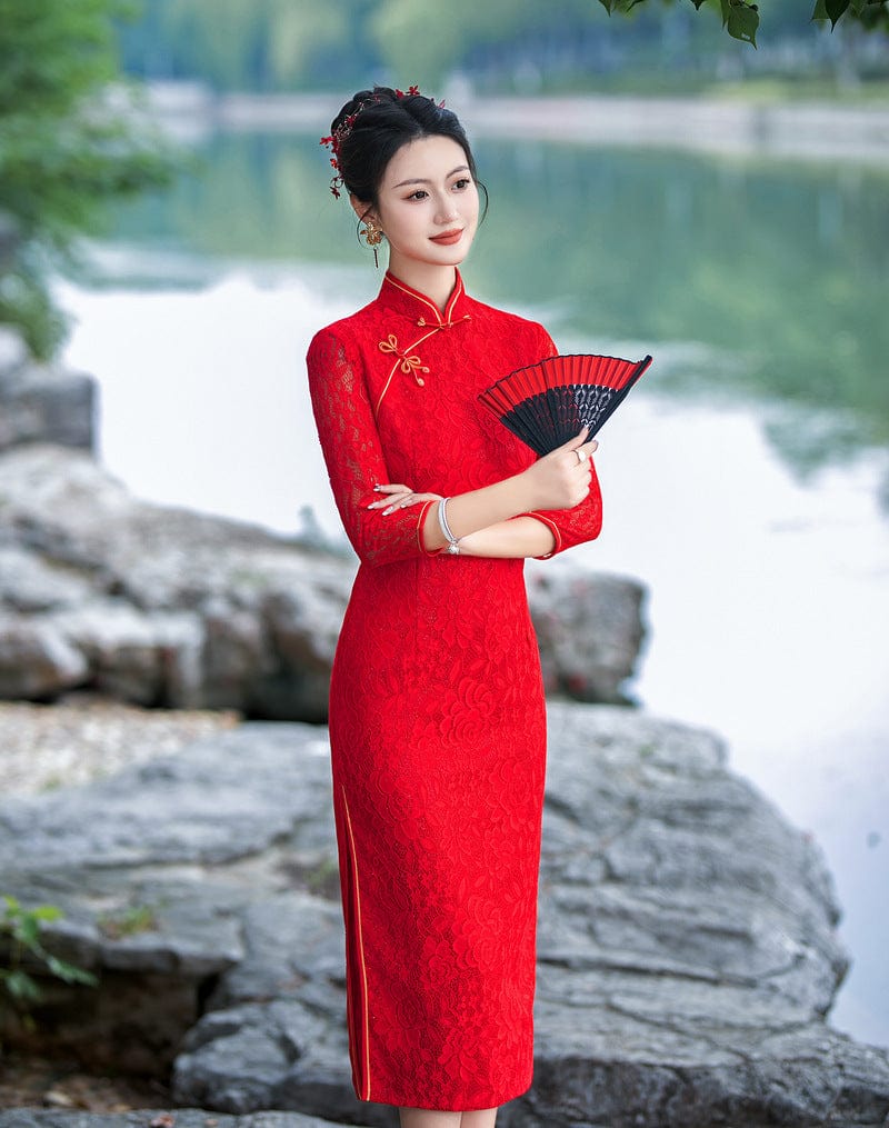 Beth and Brian Qipao-XWC Floral pattern, lace mid-length plus size Cheongsam