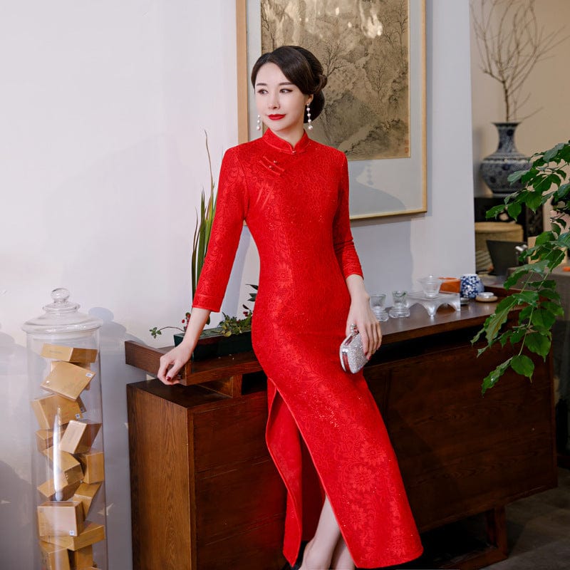 Beth and Brian Qipao-XWC Floral pattern, lace mid-length plus size Cheongsam for mothers