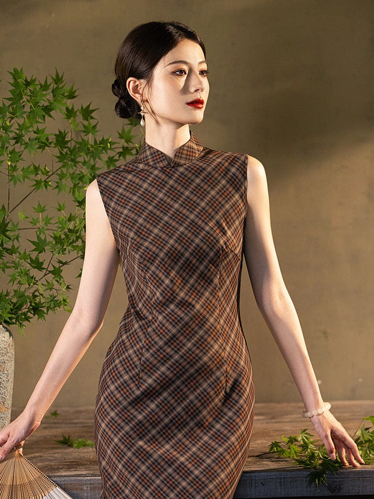 Beth and Brian Qipao-JD Old Shanghai style, plaid long Cheongsam
