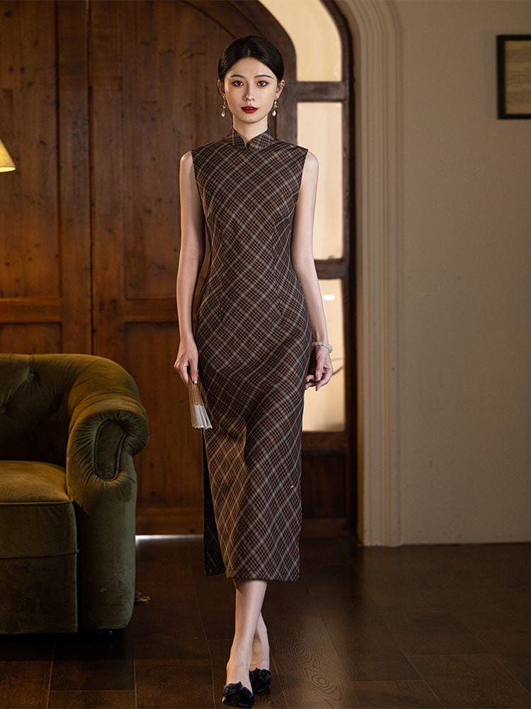 Beth and Brian Qipao-JD Old Shanghai style, plaid long Cheongsam