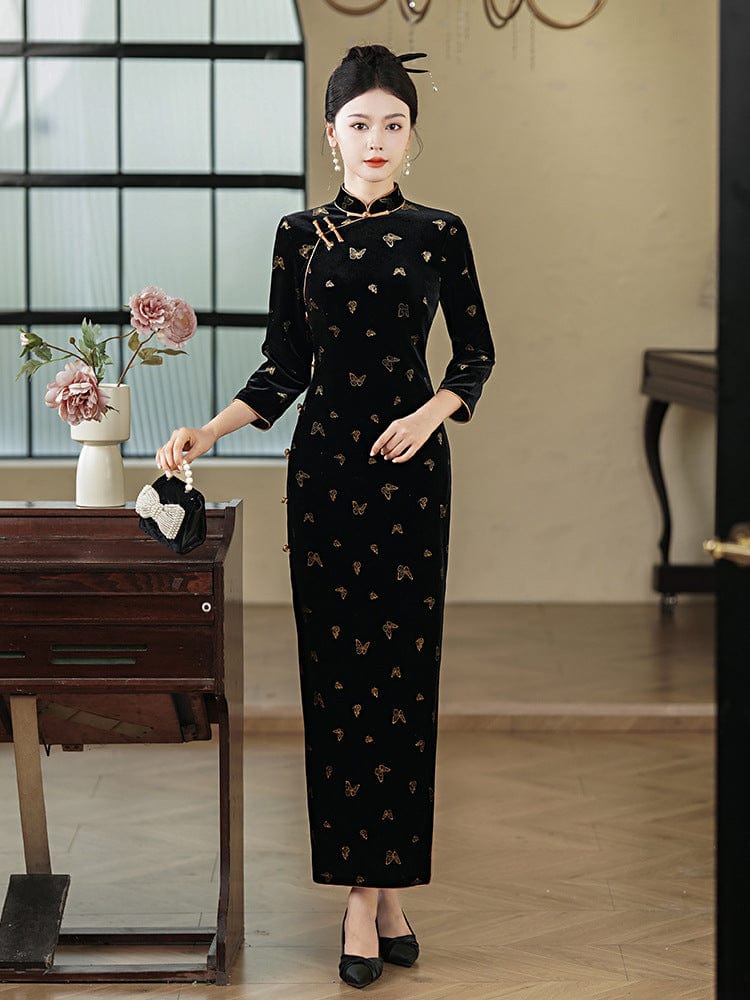 Beth and Brian Qipao-JD Butterfly pattern, black long Cheongsam