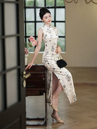 Beth and Brian Qipao-JD Bamboo leaf pattern, sleeveless long Cheongsam