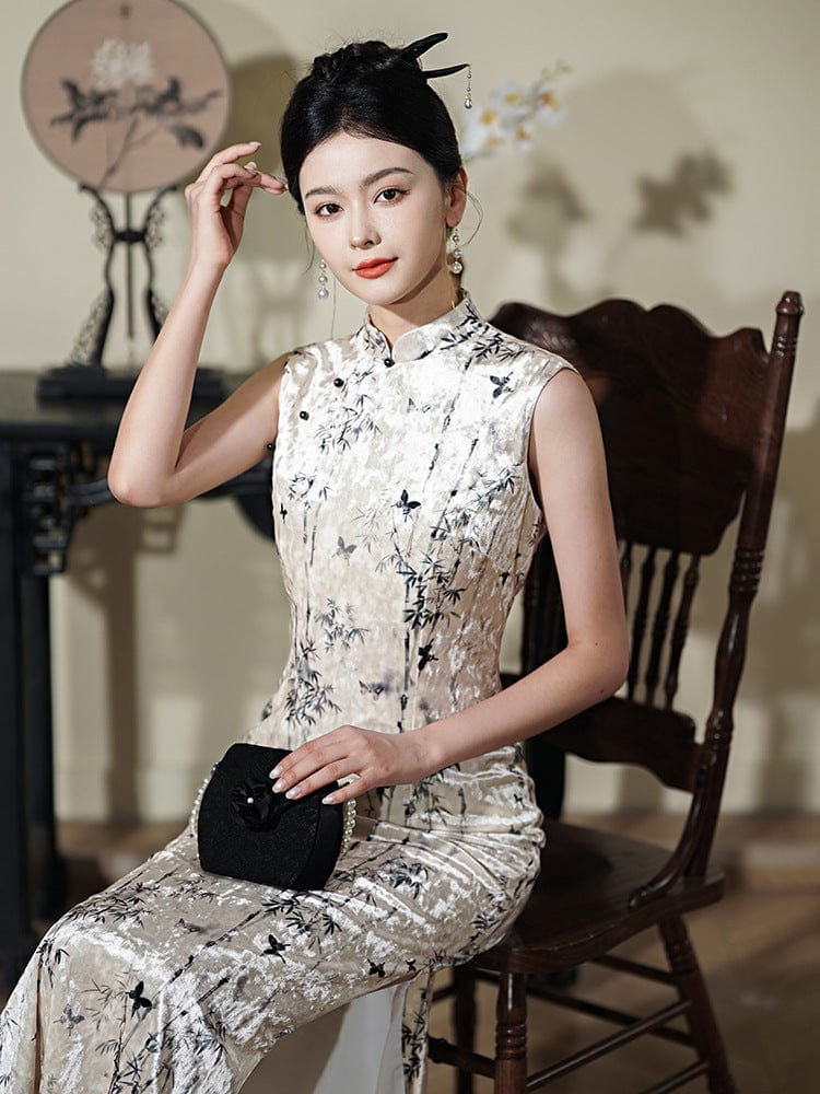 Beth and Brian Qipao-JD Bamboo leaf pattern, sleeveless long Cheongsam