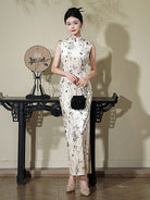 Beth and Brian Qipao-JD Bamboo leaf pattern, sleeveless long Cheongsam