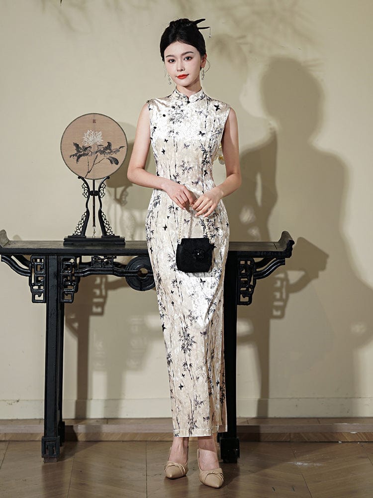 Beth and Brian Qipao-JD Bamboo leaf pattern, sleeveless long Cheongsam