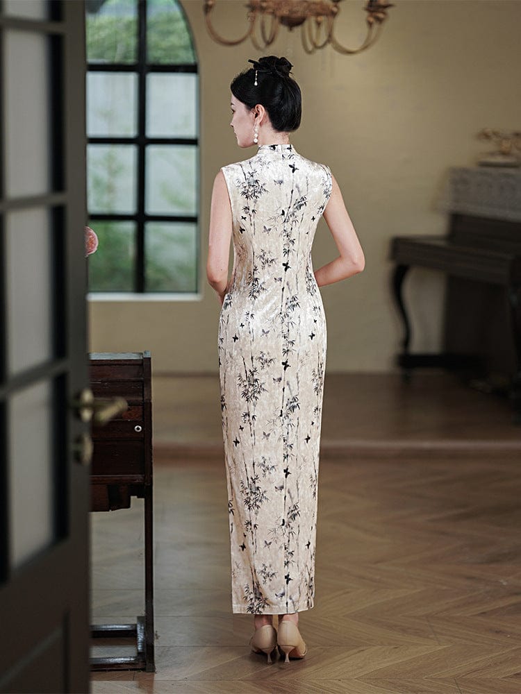 Beth and Brian Qipao-JD Bamboo leaf pattern, sleeveless long Cheongsam