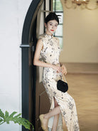 Beth and Brian Qipao-JD Bamboo leaf pattern, sleeveless long Cheongsam