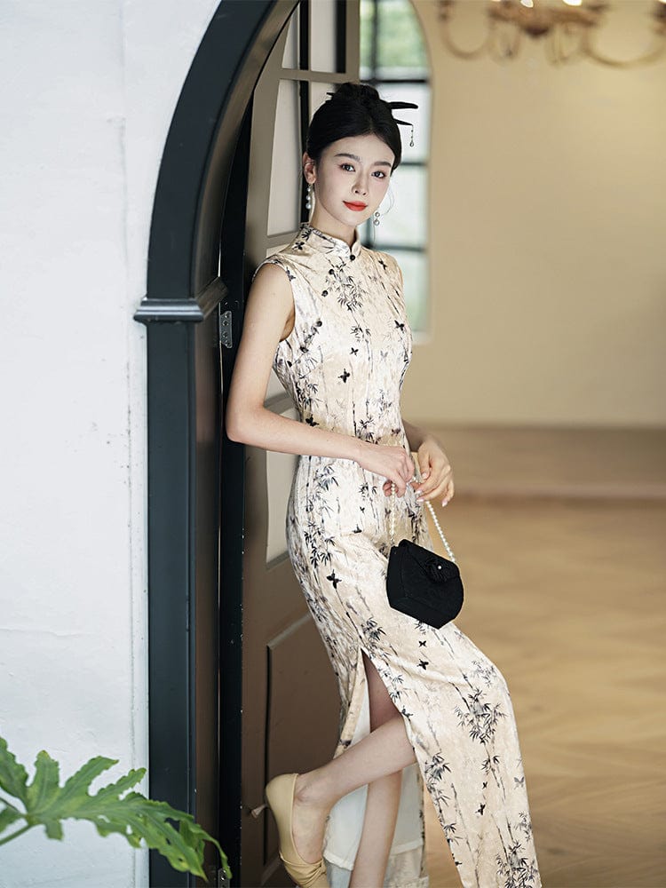 Beth and Brian Qipao-JD Bamboo leaf pattern, sleeveless long Cheongsam