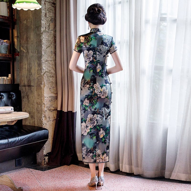 Beth and Brian Qipao-WXG 19 mome mulberry silk, floral pattern, High-end long Qipao for mothers