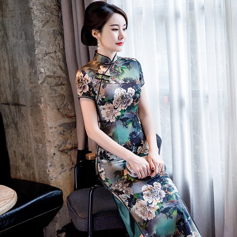 Beth and Brian Qipao-WXG 19 mome mulberry silk, floral pattern, High-end long Qipao for mothers