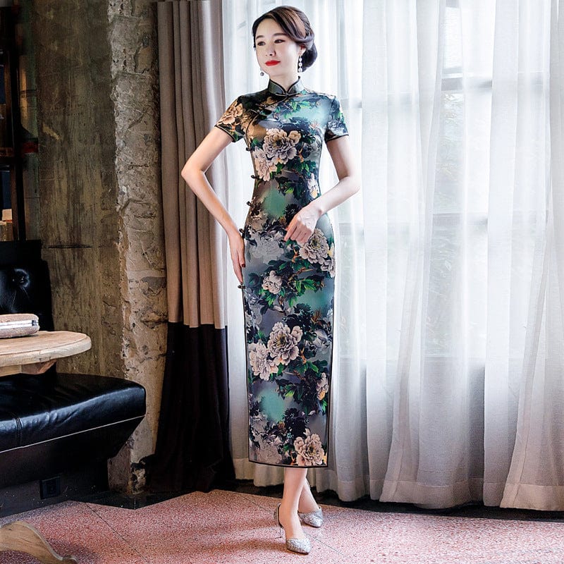 Beth and Brian Qipao-WXG 19 mome mulberry silk, floral pattern, High-end long Qipao for mothers