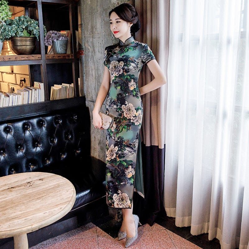 Beth and Brian Qipao-WXG 19 mome mulberry silk, floral pattern, High-end long Qipao for mothers