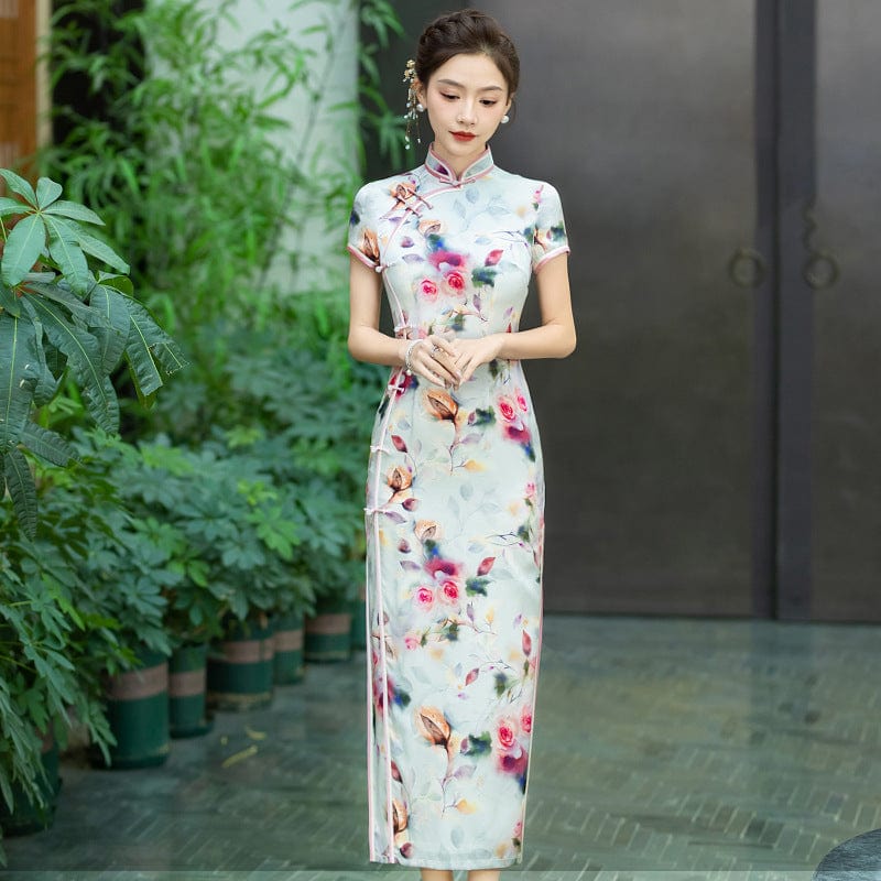 Beth and Brian Qipao-WXG Rose print, 19 mome mulberry silk, high-end long Cheongsam