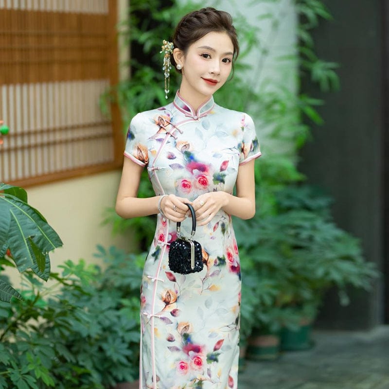 Beth and Brian Qipao-WXG Rose print, 19 mome mulberry silk, high-end long Cheongsam