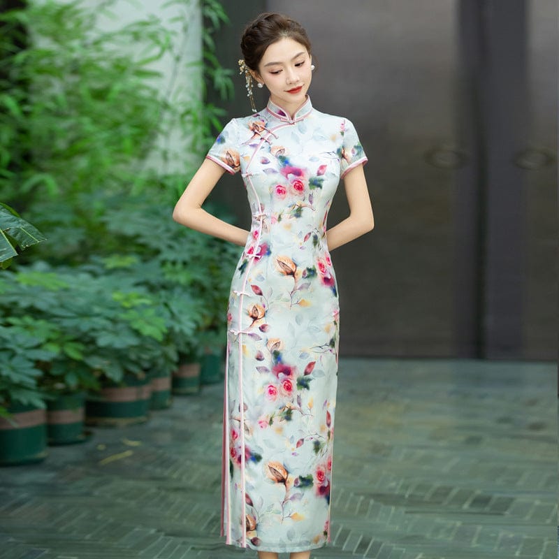 Beth and Brian Qipao-WXG Rose print, 19 mome mulberry silk, high-end long Cheongsam