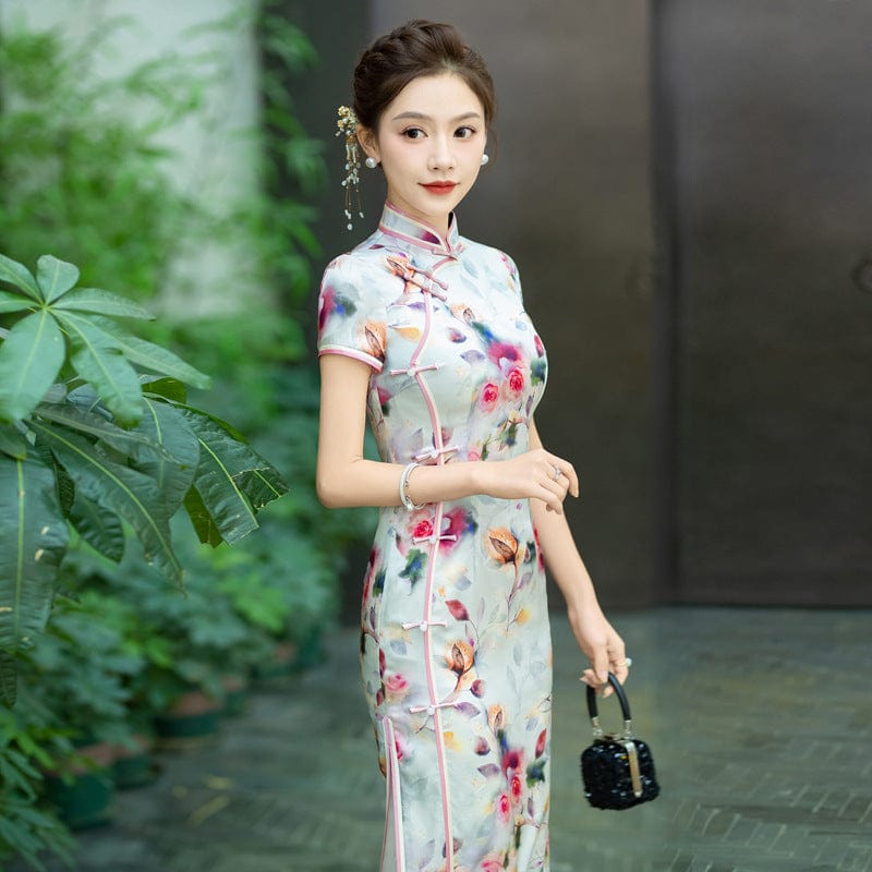 Beth and Brian Qipao-WXG Rose print, 19 mome mulberry silk, high-end long Cheongsam