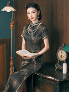 Beth and Brian Qipao-JD Stripe pattern, 19 mome mulberry silk, high-end long Cheongsam