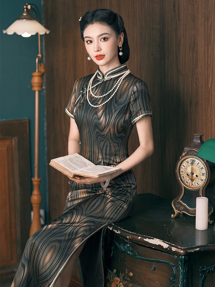 Beth and Brian Qipao-JD Stripe pattern, 19 mome mulberry silk, high-end long Cheongsam