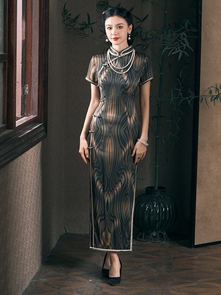 Beth and Brian Qipao-JD Stripe pattern, 19 mome mulberry silk, high-end long Cheongsam