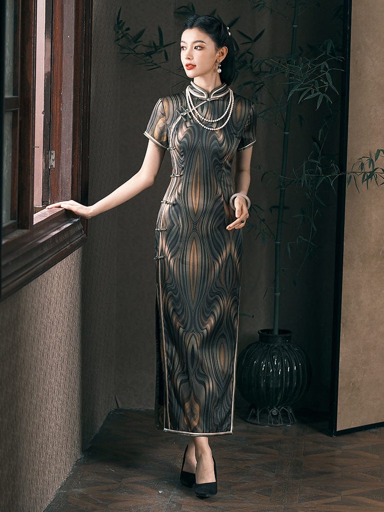Beth and Brian Qipao-JD Stripe pattern, 19 mome mulberry silk, high-end long Cheongsam