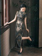 Beth and Brian Qipao-JD Stripe pattern, 19 mome mulberry silk, high-end long Cheongsam