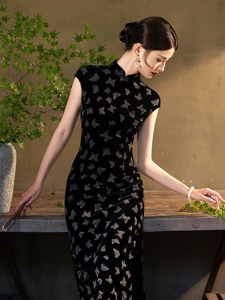 Beth and Brian Qipao-JD Butterfly pattern, black long Cheongsam