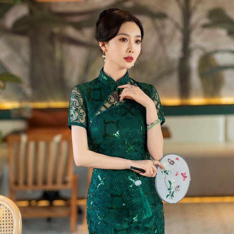 Beth and Brian Qipao-SYG Summer and fall collection,green midi Cheongsam for mothers