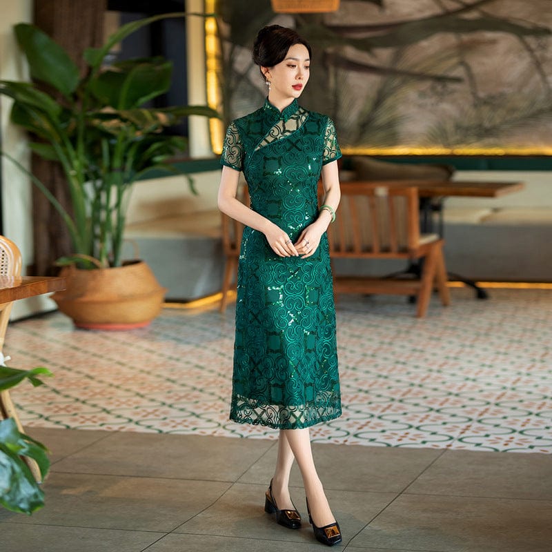 Beth and Brian Qipao-SYG Summer and fall collection,green midi Cheongsam for mothers