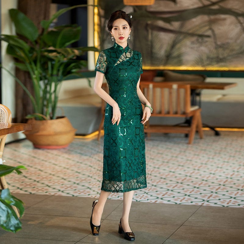 Beth and Brian Qipao-SYG Summer and fall collection,green midi Cheongsam for mothers