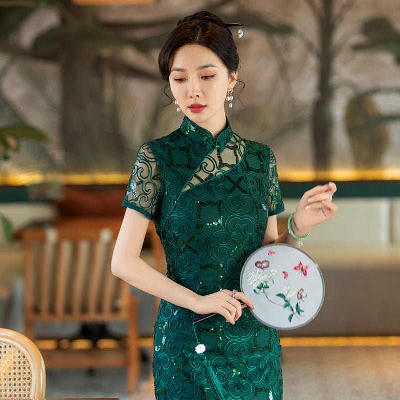 Beth and Brian Qipao-SYG Summer and fall collection,green midi Cheongsam for mothers