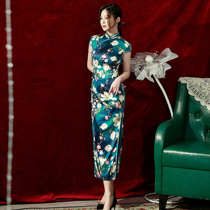 Beth and Brian Qipao-ZQYS Floral print, silk long Cheongsam with cap sleeves
