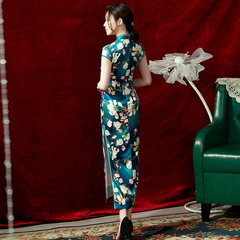 Beth and Brian Qipao-ZQYS Floral print, silk long Cheongsam with cap sleeves