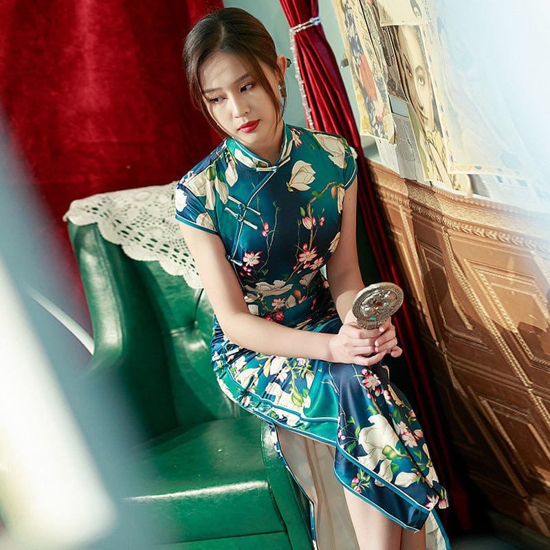 Beth and Brian Qipao-ZQYS Floral print, silk long Cheongsam with cap sleeves